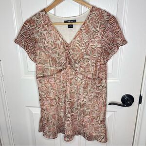 Y2K Style & Co Pink Tan Abstract Square Print Babydoll Blouse Sz 12 Fairycore
